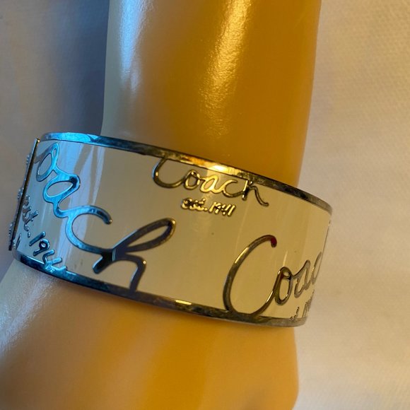 Coach Signature Bangle Bracelet in Cream and SIlver - Picture 5 of 10